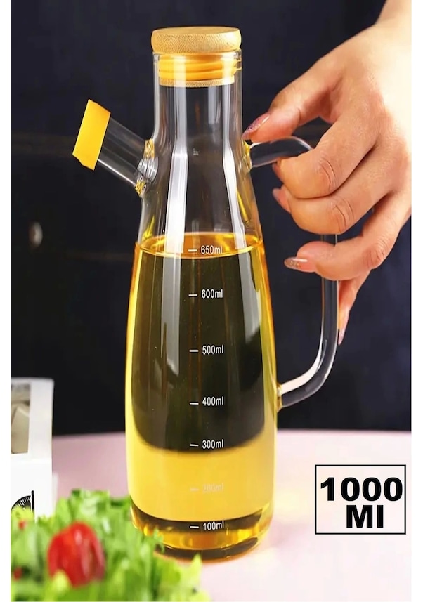 Yağdanlık 1000 Ml Bambu Kapaklı Borosilikat Cam Yağlık Sirkelik Şişesi