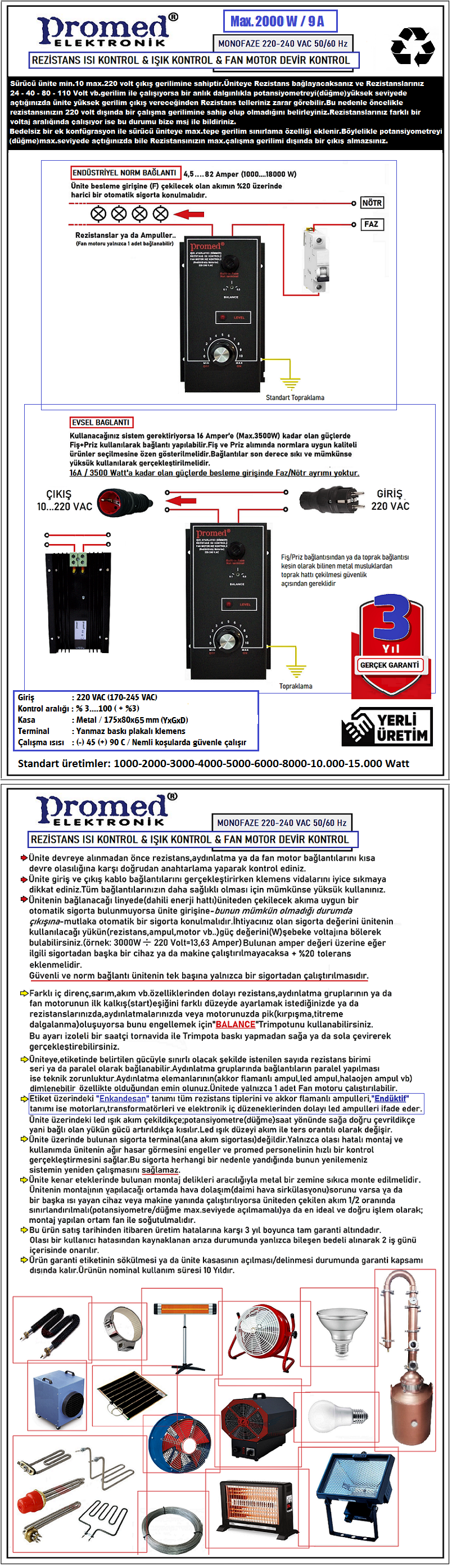 W Dimmer Rezistans Kontrol Fan Devir Kontrol Fiyatlar Ve