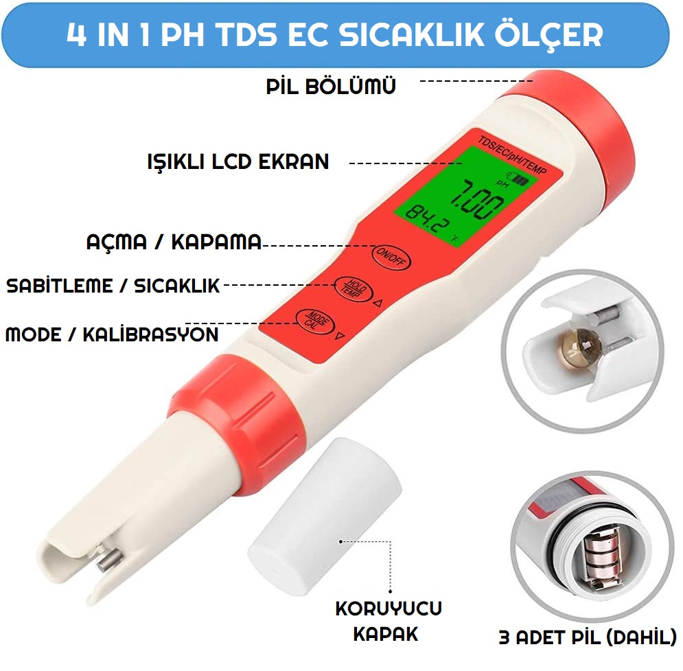 Dijital PH Ölçer 4 ü 1 Arada PH TDS EC Sıcaklık Test Cihazı Fiyatları