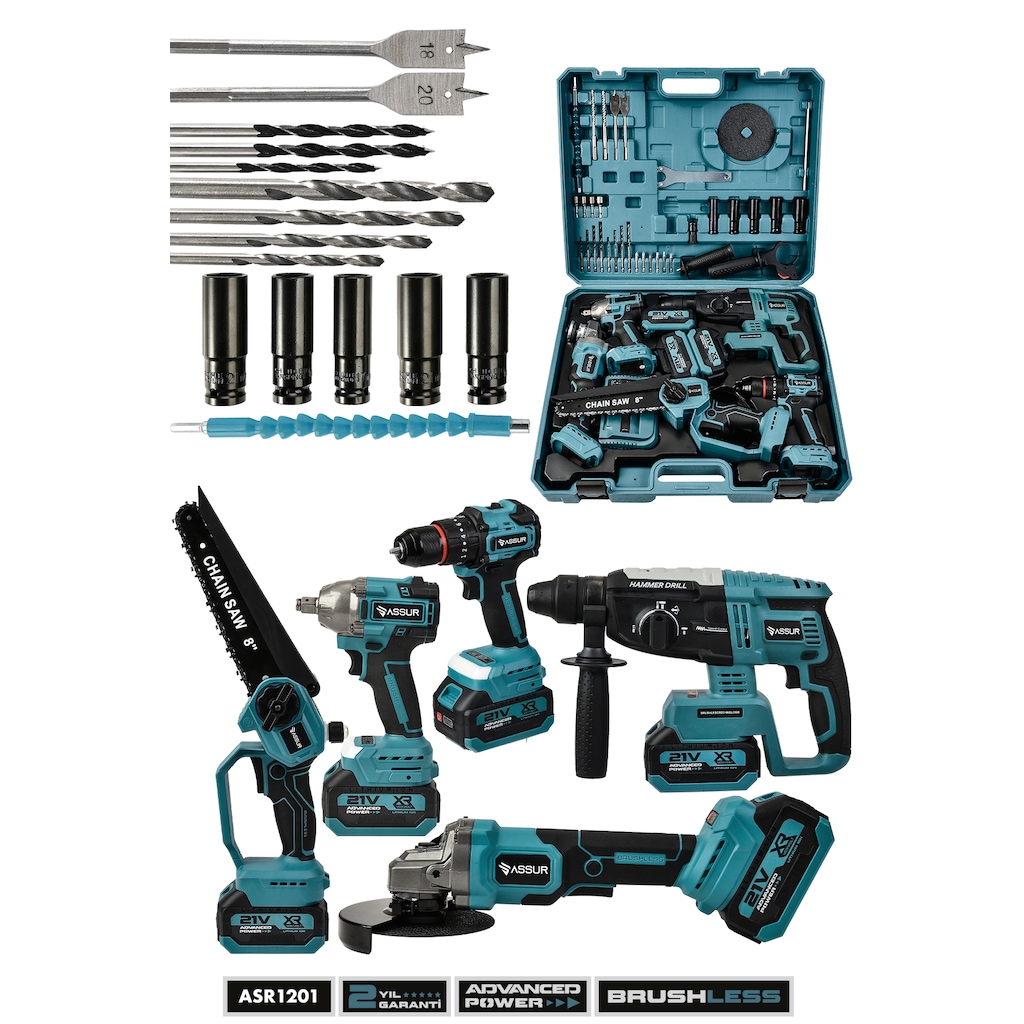 Assur ASR1201 21V Darbeli Kömürsüz 5li Set Mavi Fiyatları