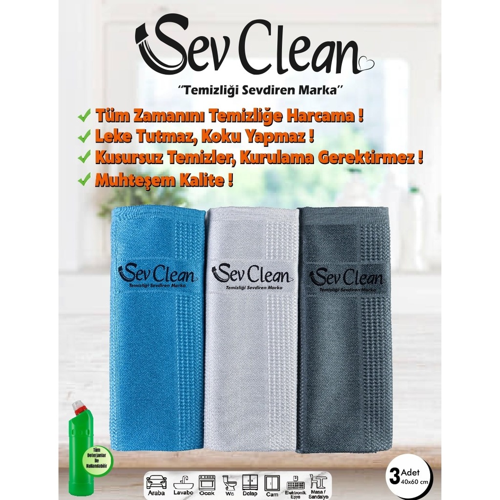 Sev Clean Mikrofiber Temizlik Cam Ayna Ocak Bezi 3'lü 40 x 60 CM