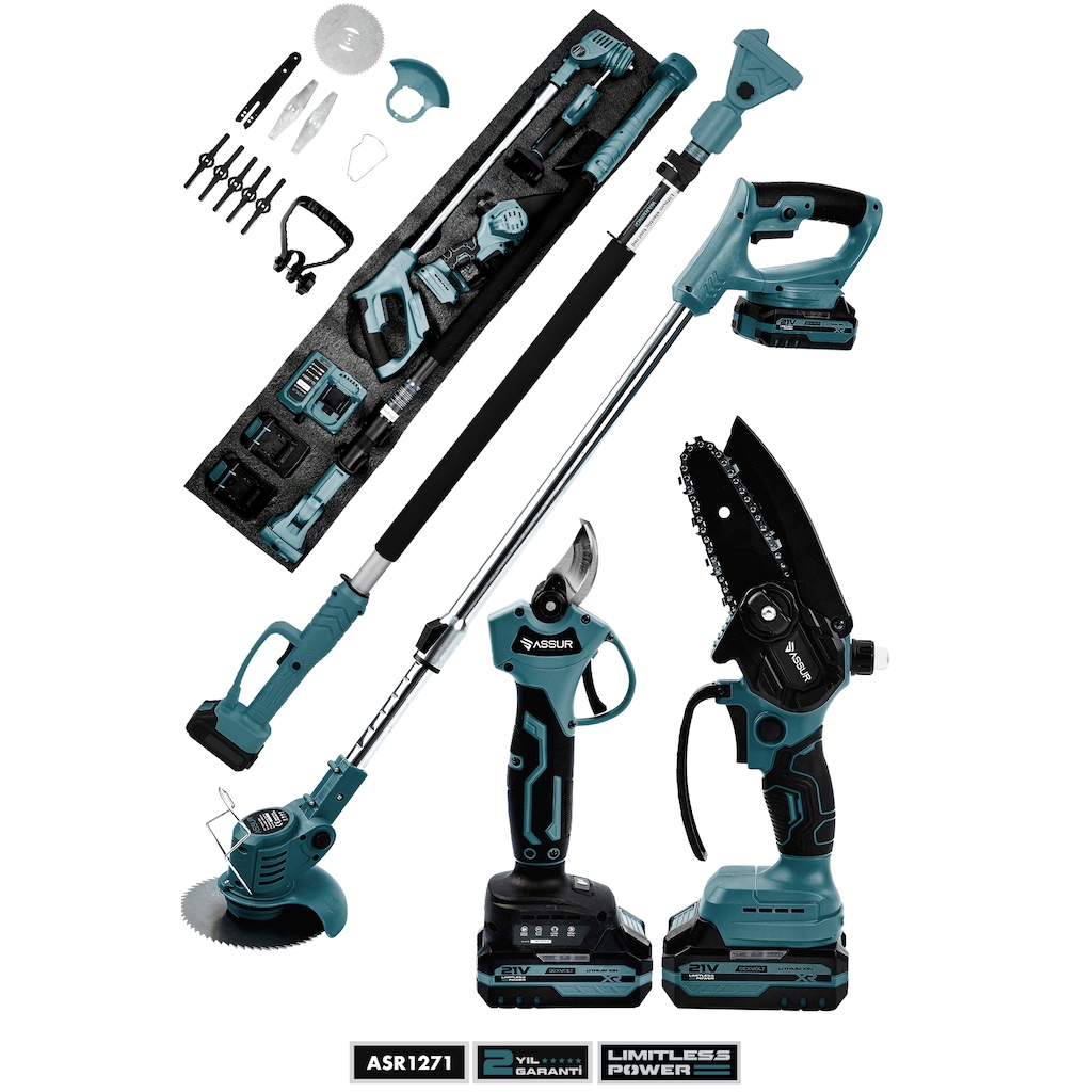 Assur Asr1271 4'lü Set 21v Teleskopik Bağ Makası & Çim Biçme