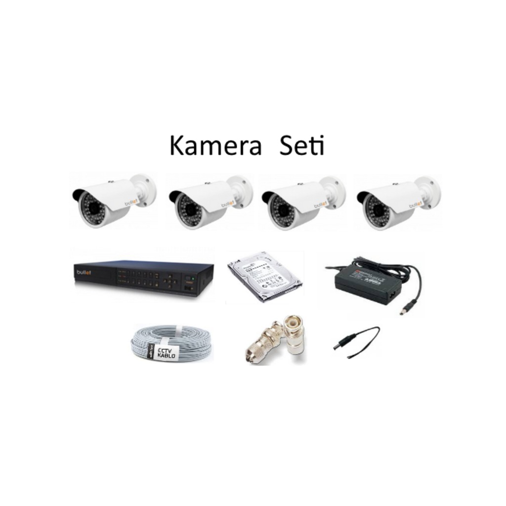4 Kamera 1 MegaPiksel HD Kamera Gece Görüşlü FULL Set
