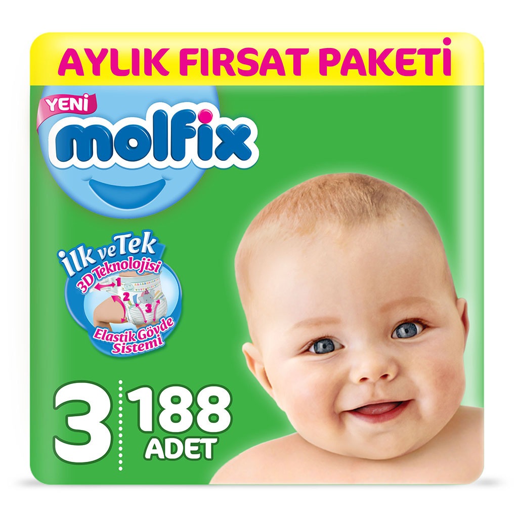 Molfix Bebek Bezi 3 Beden Midi Aylık Fırsat Paketi 188 Adet Fiyatları