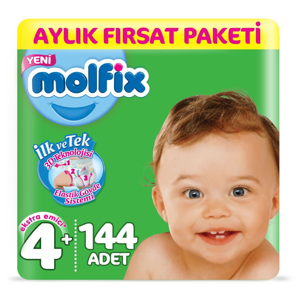 Molfix Bebek Bezi 4+ Beden Maxi Plus Aylık Fırsat Paketi 144 Ad