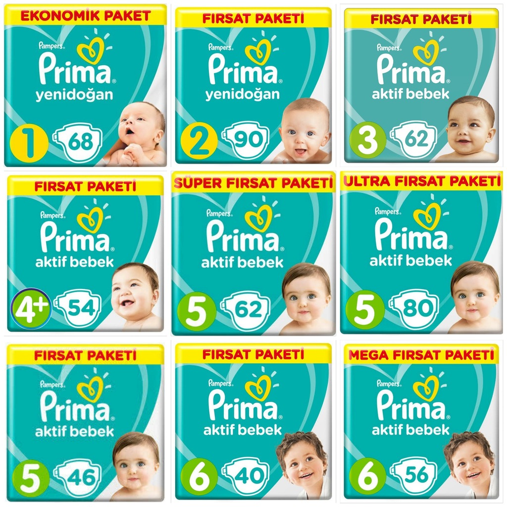 Prima Aktif Bebek Bezi 1,2,3,4+,5,6 Beden Numara Fırsat Paket Seç