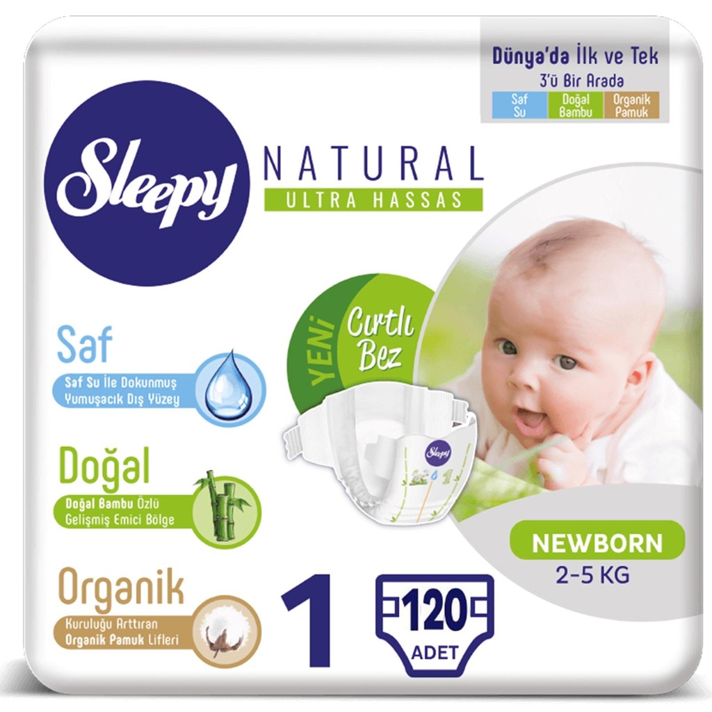 Sleepy Natural Bebek Bezi 1 Beden Numara Yenidoğan 2-5Kg 120 Adet