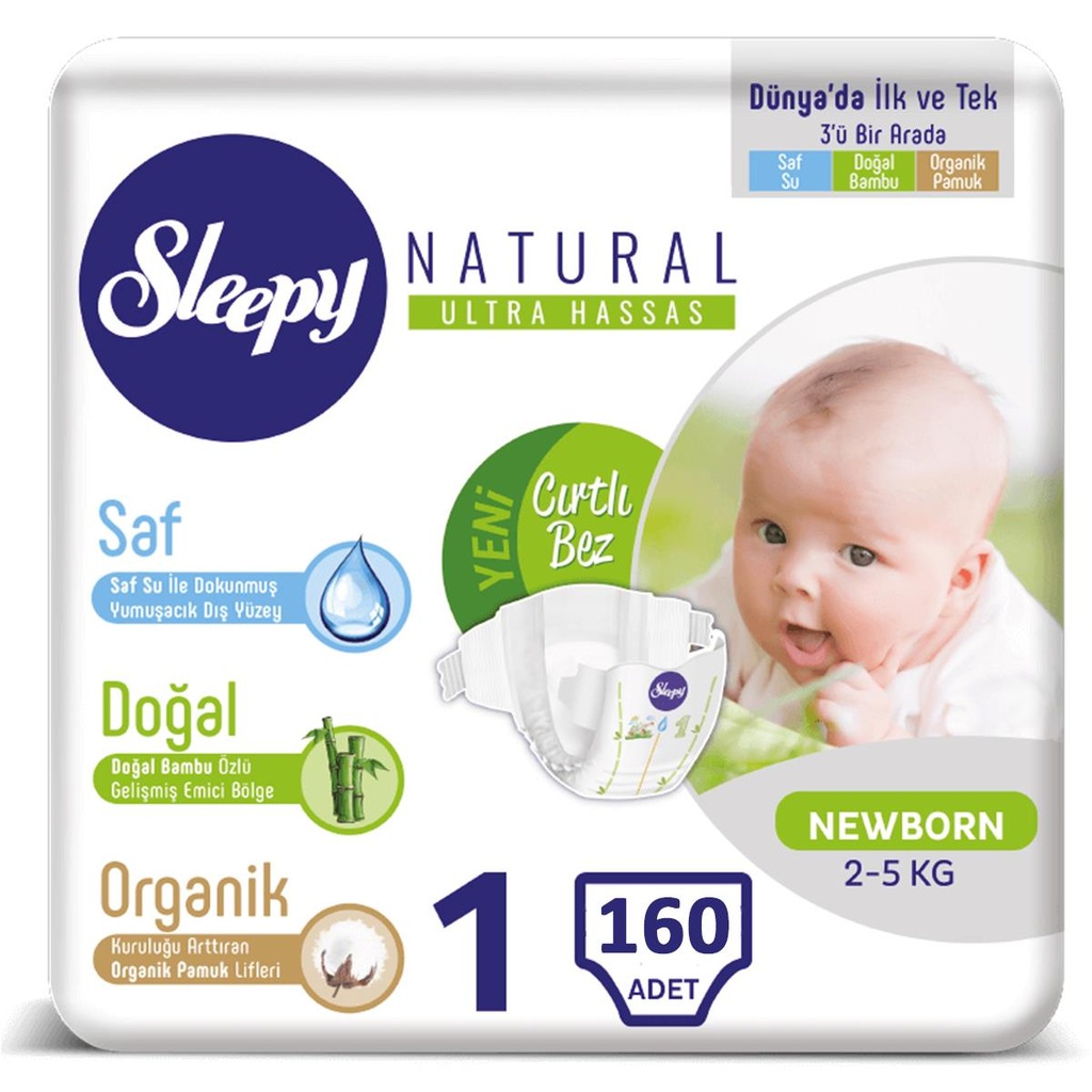 Sleepy Natural Bebek Bezi 1 Beden Numara Yenidoğan 25Kg 160 Adet