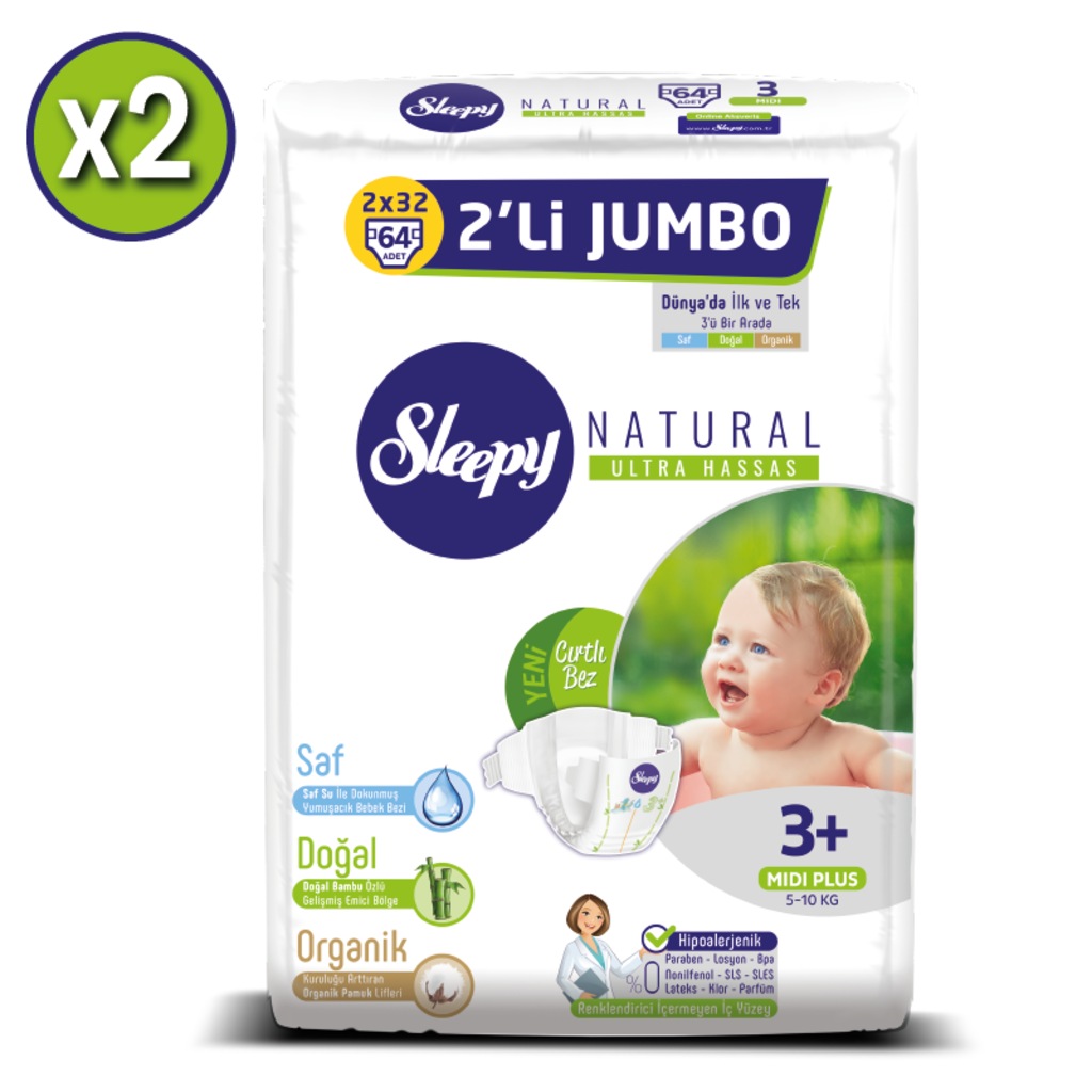 Sleepy Natural Bebek Bezi 3+ Numara Midi Plus 2X2�Lİ JUMBO 128li