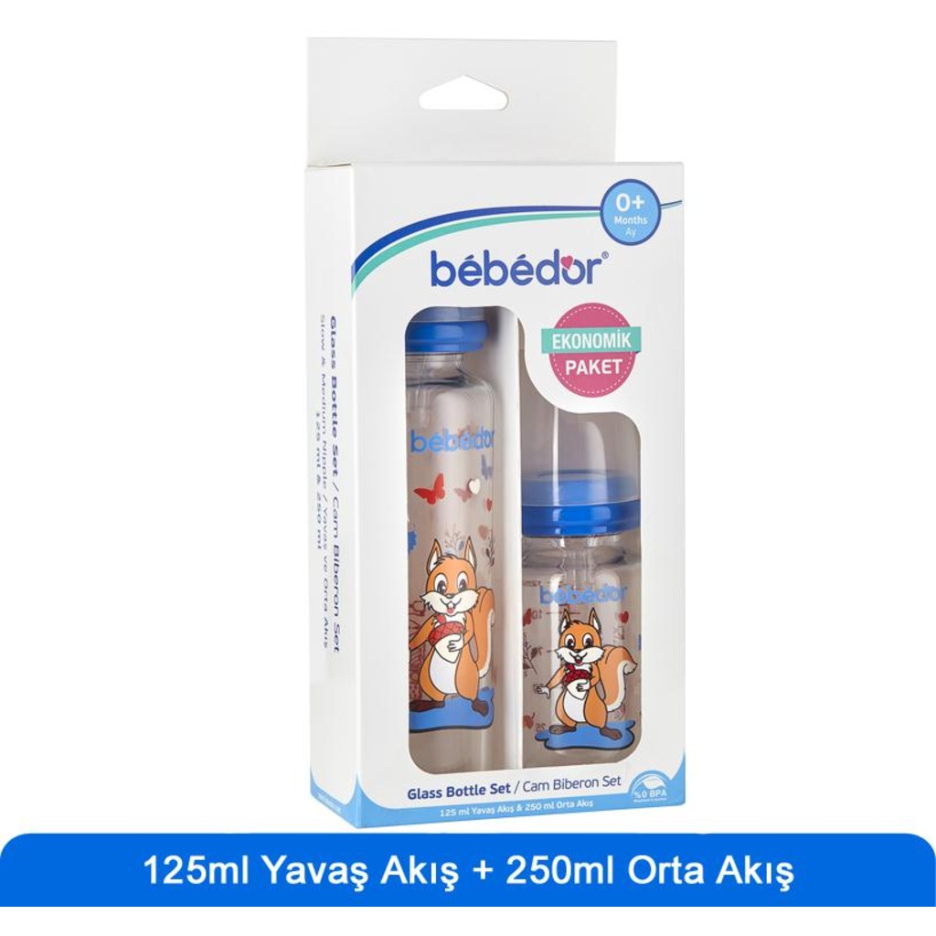 Bebedor Cam Biberon Seti Mavi 125ml+250ml Fiyatları ve Özellikleri