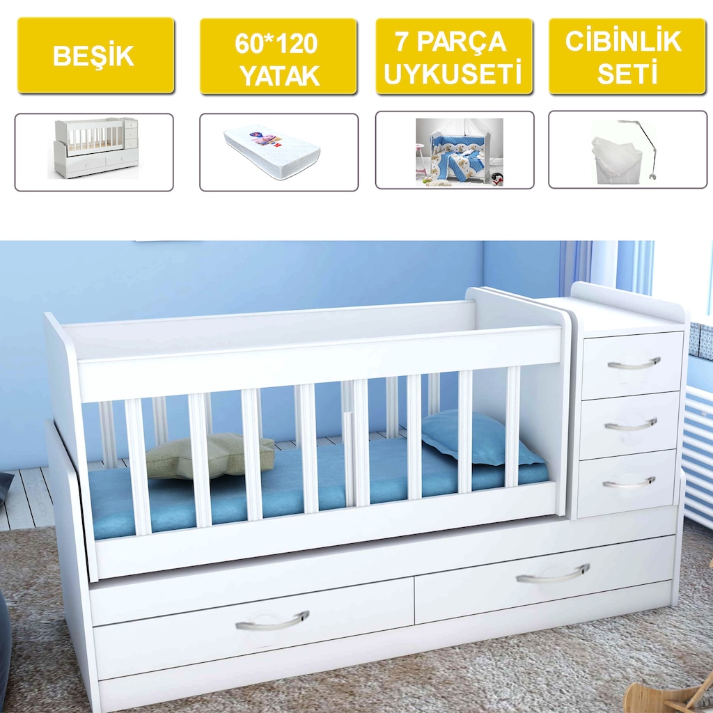 Büyüyen Beşik 5 Çekmeceli Sallanır Lüx Bebek Beşiği