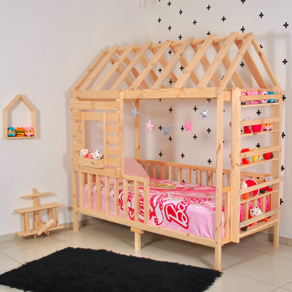 Montessori Yatak Çocuk Yatak Raflı Çatılı Doğal Çam 90x190