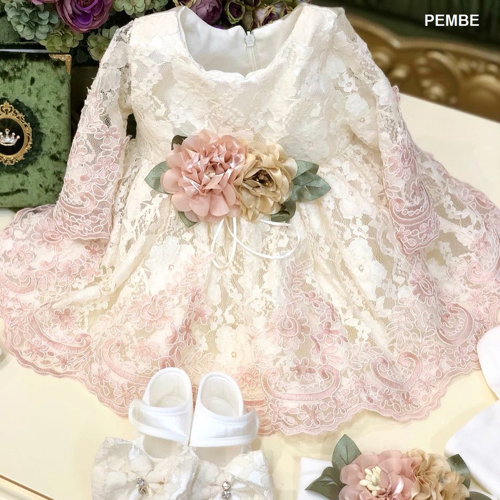Kız Bebek Fransız Dantelli Lüx Mevlüt Elbise Seti Takım