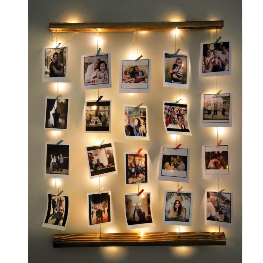 Doğal Ahşap Eskitme Led Işıklı Jüt İpli Fotoğraf Askısı/Albümü