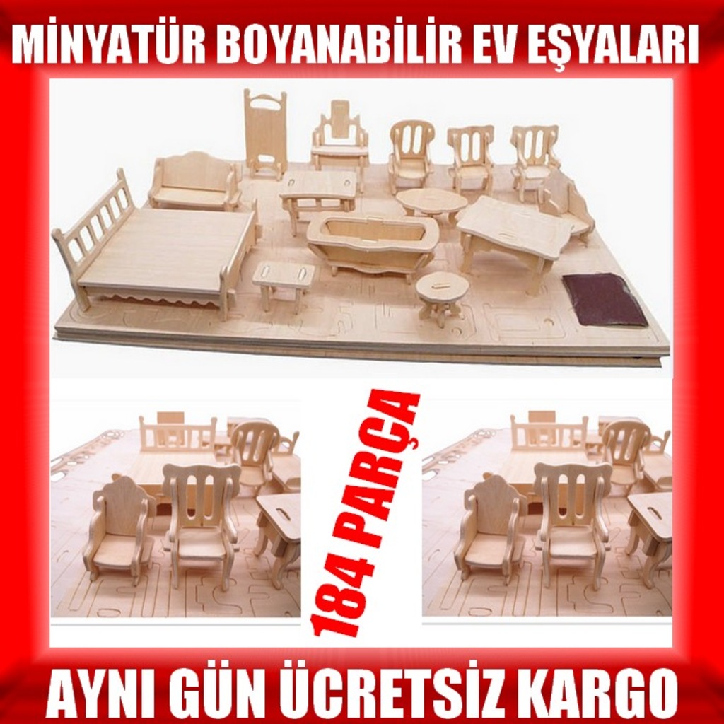 Ahşap Minyatür Ev Eşyaları Eğitici Oyuncak Ve Biblo Seti 184 Parç