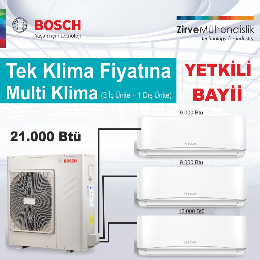 BOSCH MULTİ SPLİT İNVERTER KLİMA 21.000 BTÜ ( 1 DIŞ + 3 İÇ ÜNİTE)
