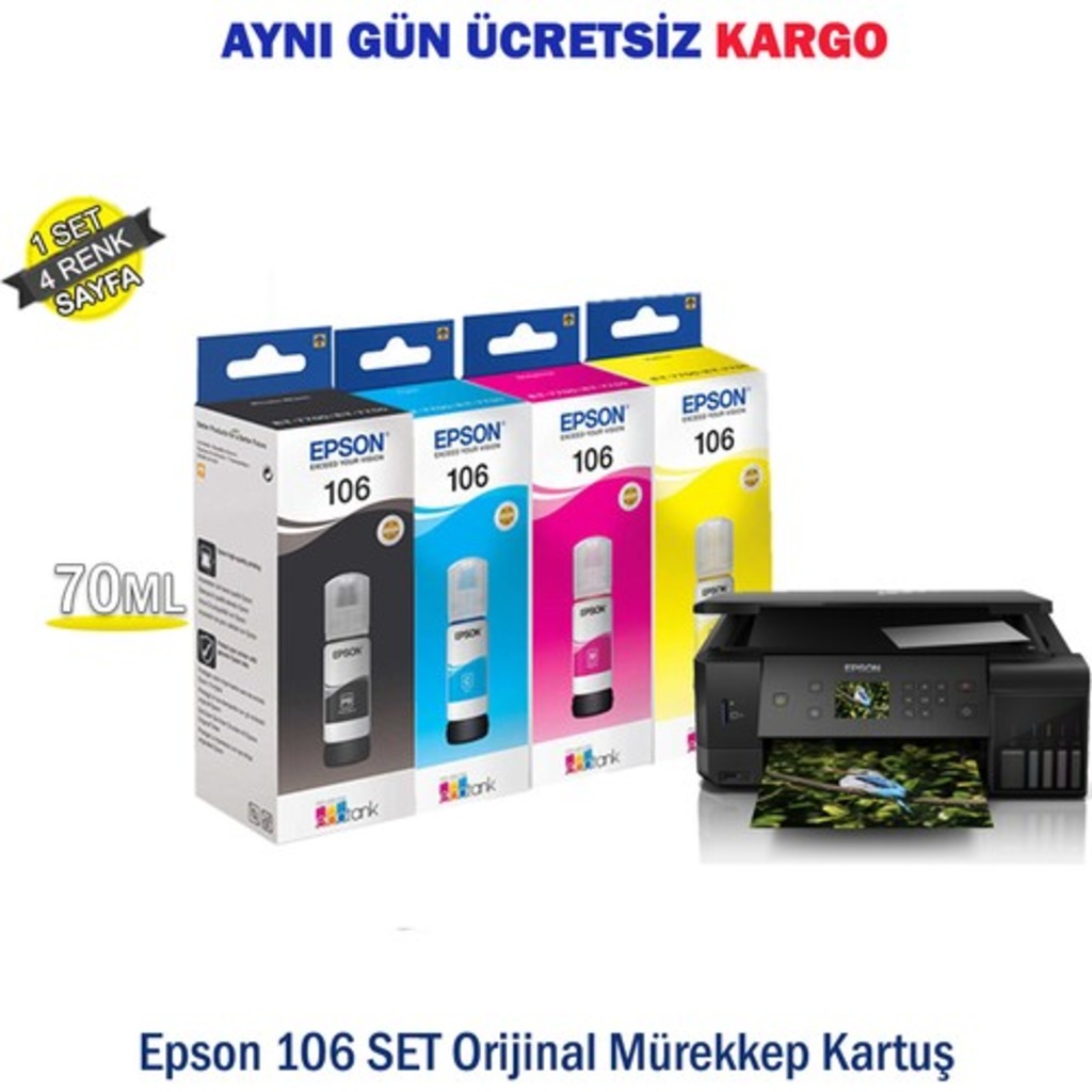 Epson 106 /Epson EcoTank L7160/L7180 1 Set CMYK Mürekkep Renkli ...