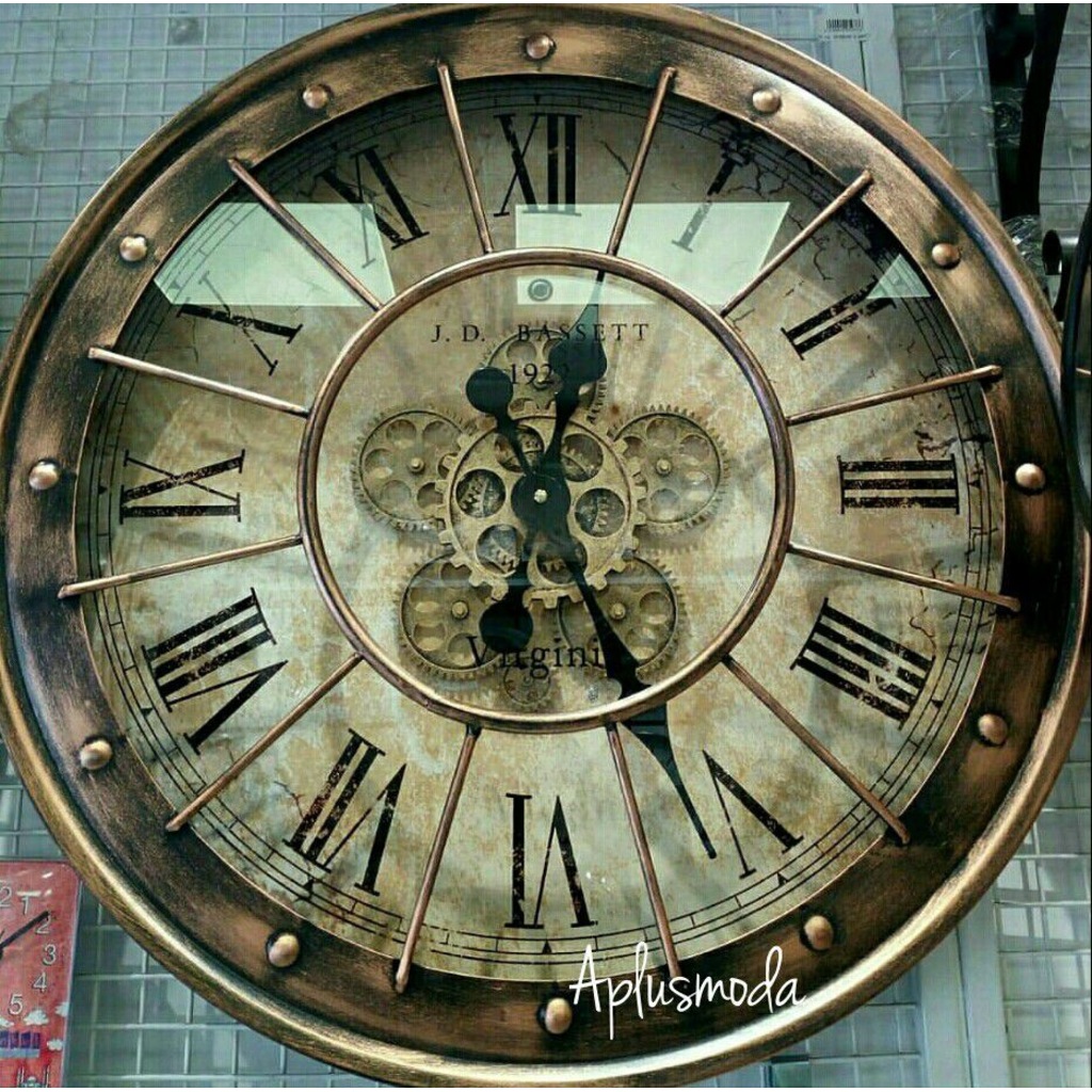 Eskitme Metal Retro Büyük Boy Çarklı Duvar Saati 60 Cm Bakır Renk