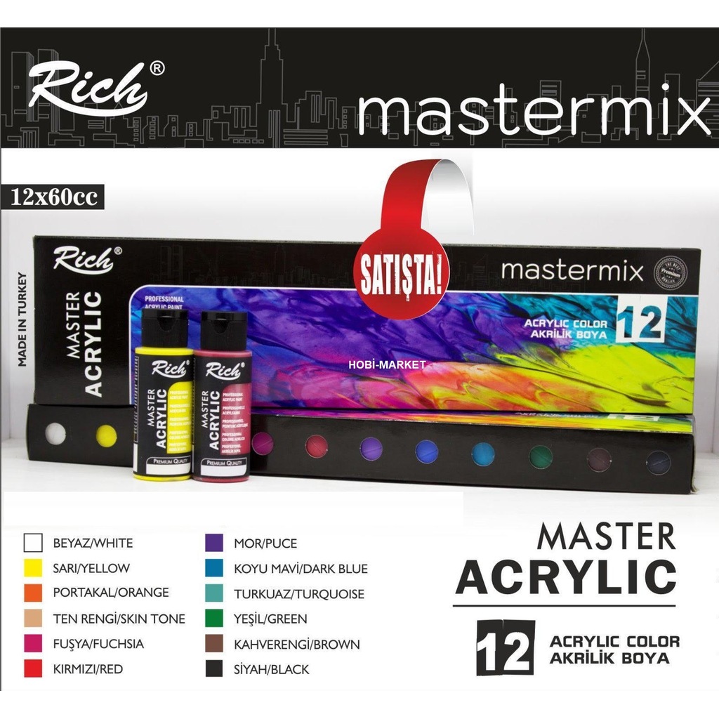 rich mastermix ozel akrilik boya seti 12 renk x 60 cc fiyatlari ve ozellikleri