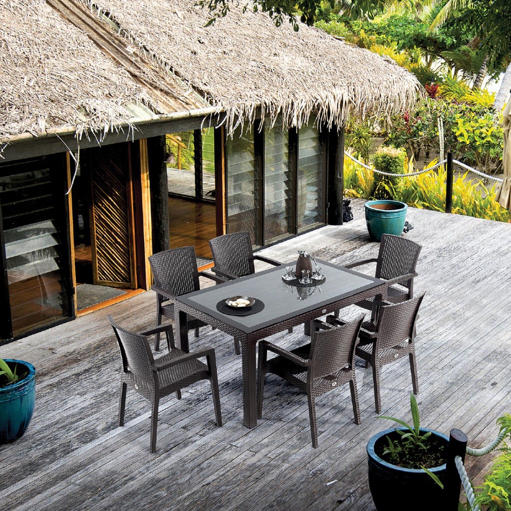 90x150 cm LİVERNO Set Rattan Bahçe Masa Takımı 6 Sandalye
