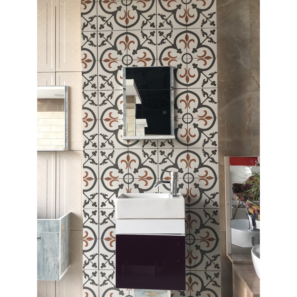 MDF PARLAK LAM DOLAP+ETAJERLİ AYNA+42X21 LAVABO+MONTAJA HAZIR TES
