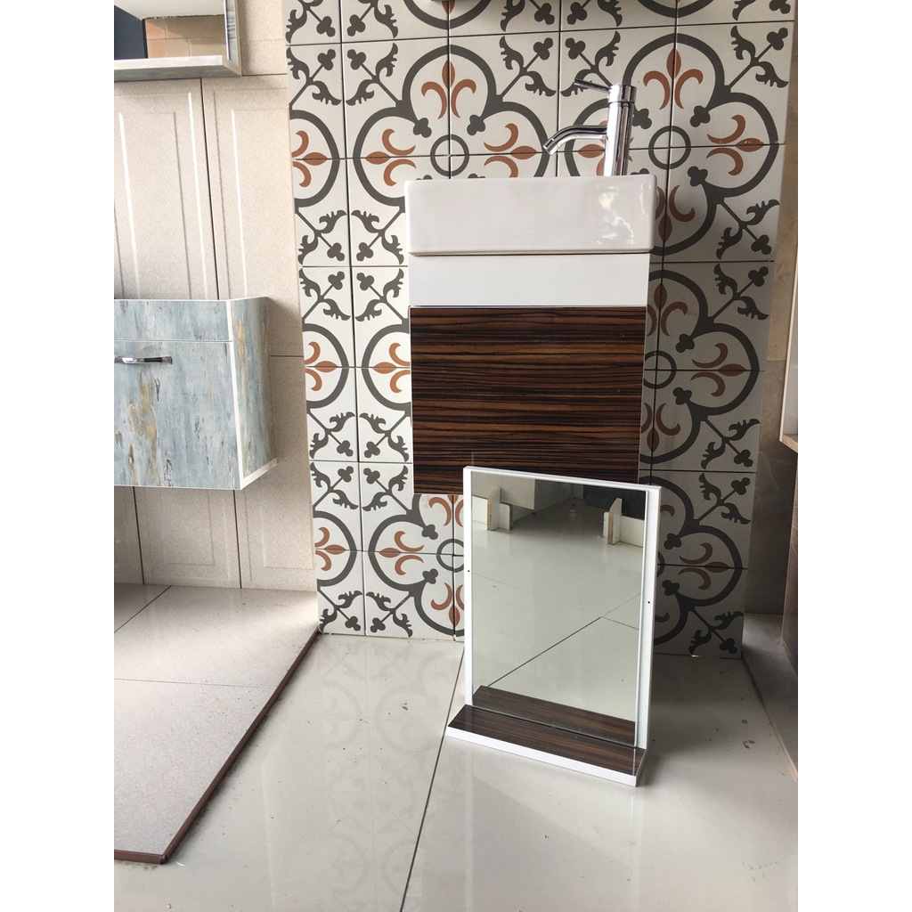 MDF PARLAK LAM DOLAP+ETAJERLİ AYNA+42X21 LAVABO+MONTAJA HAZIR TES