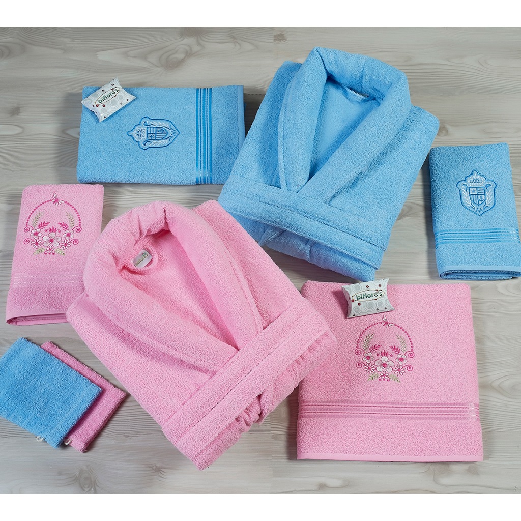 Nurpak Bornoz Seti Pembe-Mavi %100 Pamuk 10 Parça.
