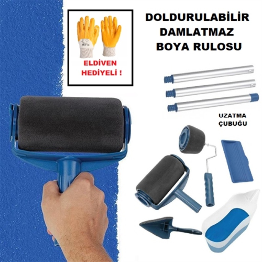 Damlatmayan Boya Rulosu Duvar Boyama Fırçası Seti Eldiven Hediye