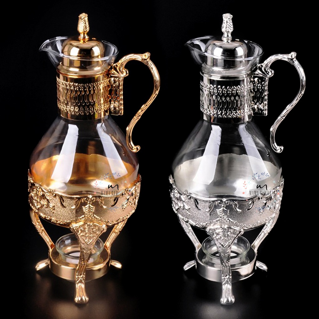 İşlemeli Alttan Isıtıcılı Gold ve Gümüş Fondü Çaydanlık Semaver