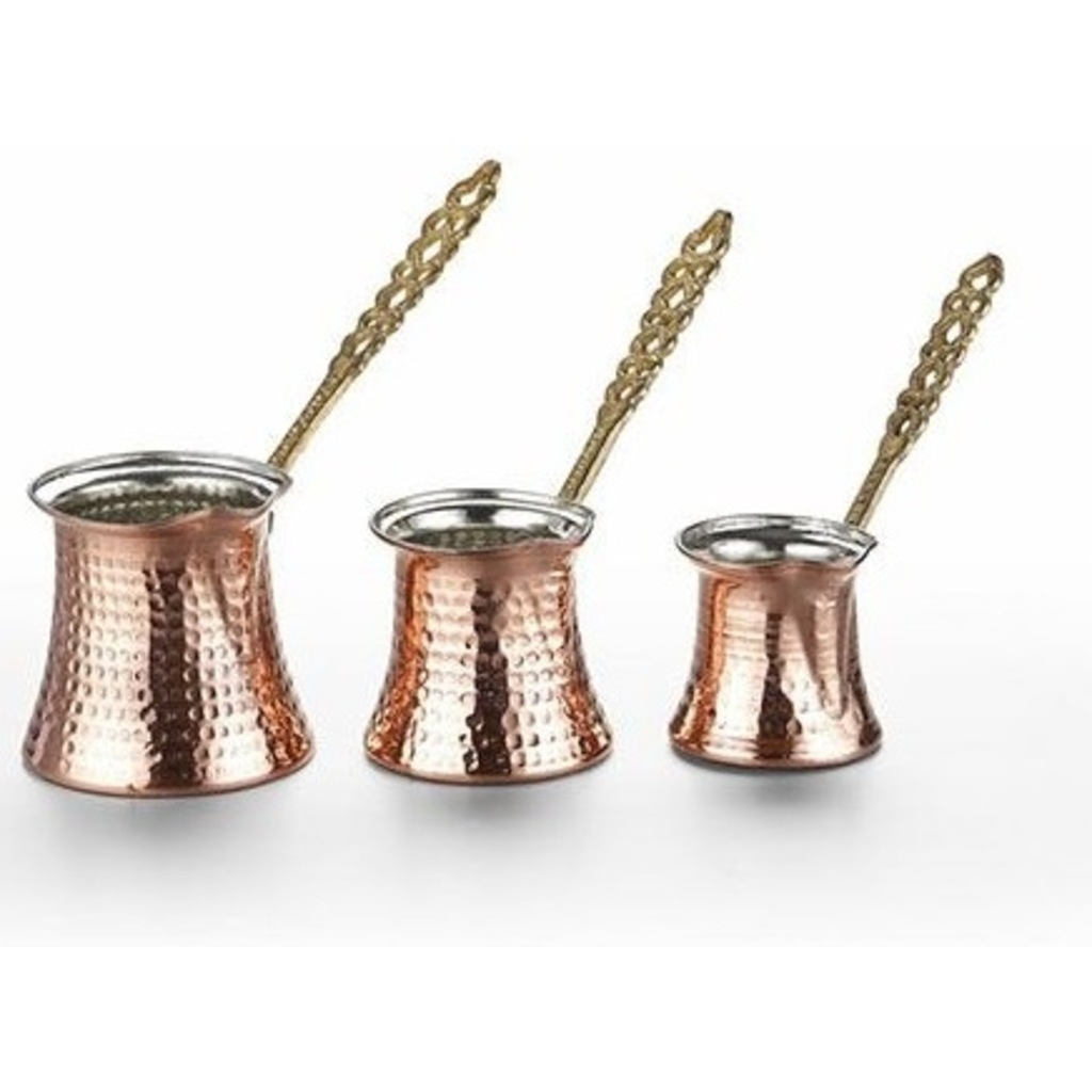 Bakır Cezve İçi Kalay Kaplı Pirinç Kulp 3lü Set Kahve Cezvesi