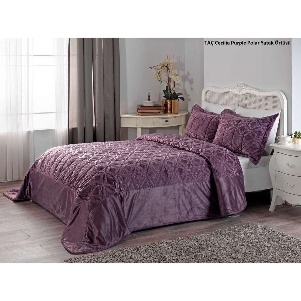 Taç Cecilia Mürdüm Polar Yatak Örtüsü Çift Kişilik