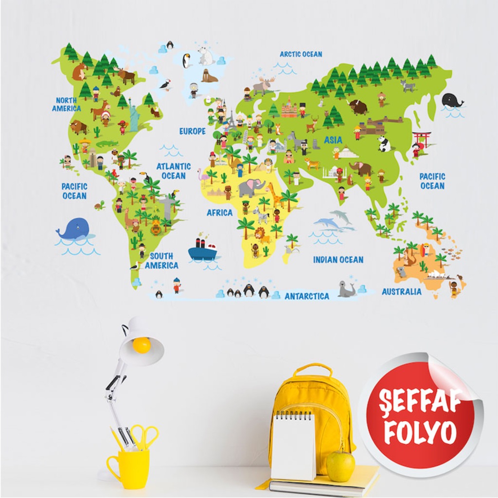 Eğitici Dünya Haritası Çocuk Odası Duvar Stickerı Fiyatları ve Özellikleri