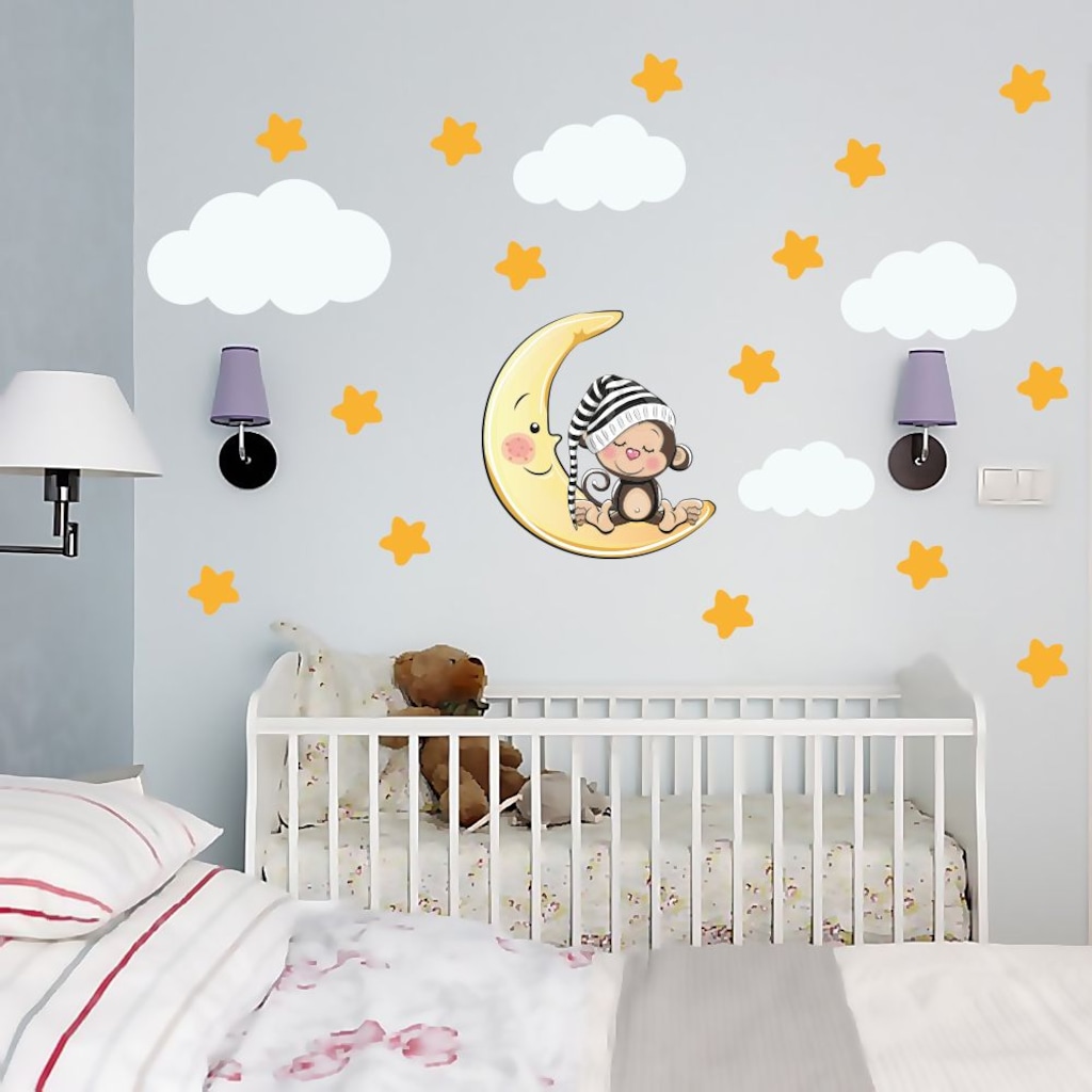 Uyuyan Maymun, Yıldız, Bulut Set Bebek Çocuk Odası Duvar Sticker