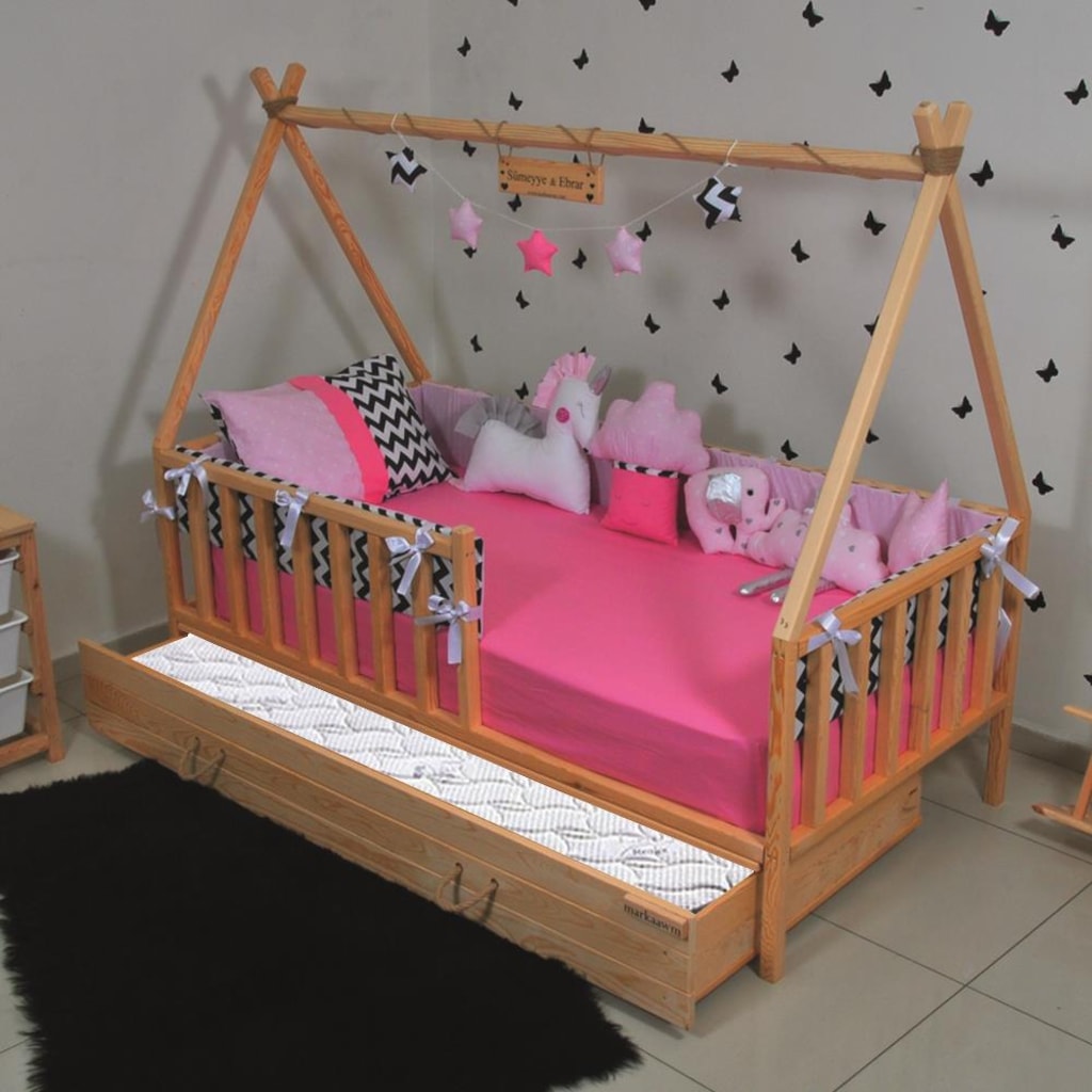Montessori Çocuk Yatak Yavrulu Doğal Çam Yatak 90X190 Çadır Derya