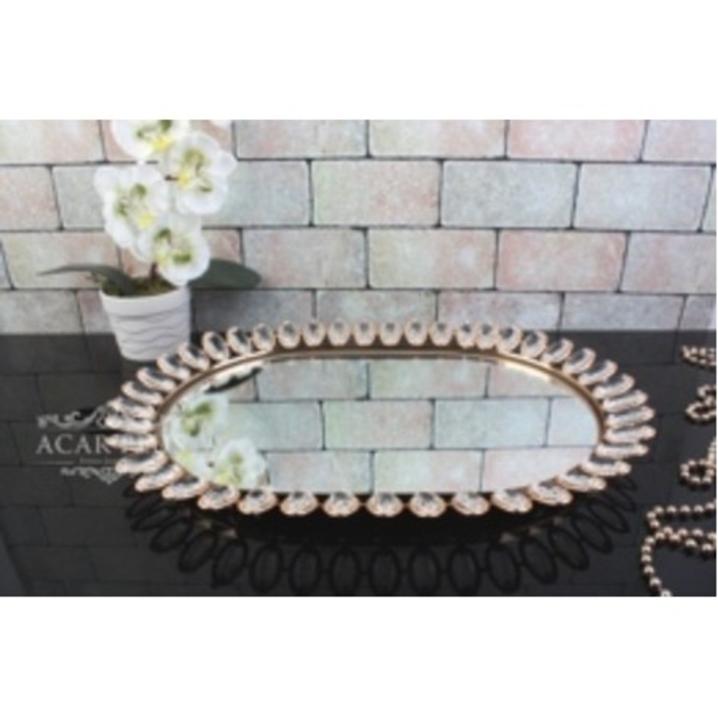 ACAR KRİSTAL TAŞLI GOLD METAL DEKORATİF OVAL LÜKS TEPSİ