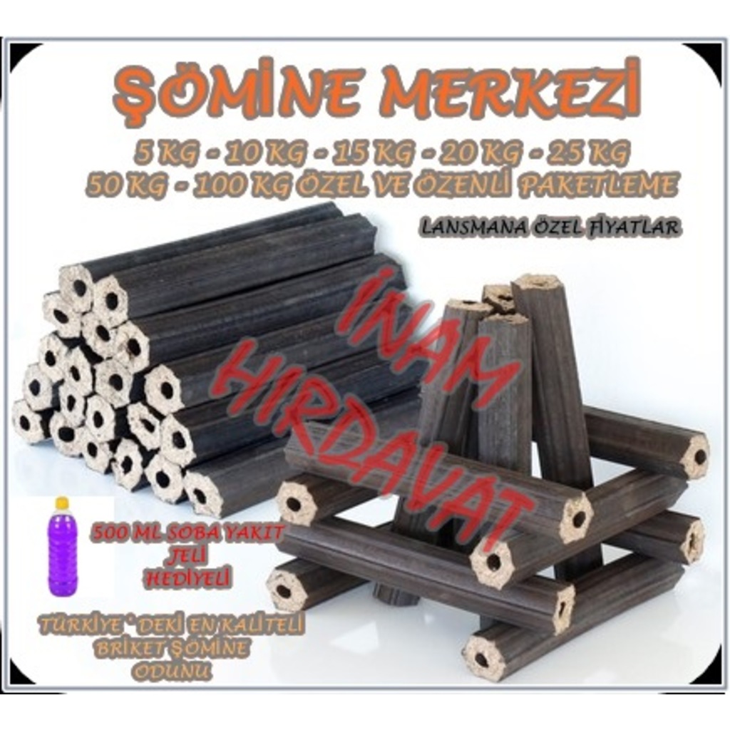 ŞÖMİNE ODUNU 100 KG ÖZEL HAZIRLANMIŞ BRİKET ŞÖMİNE ODUNU+ JEL
