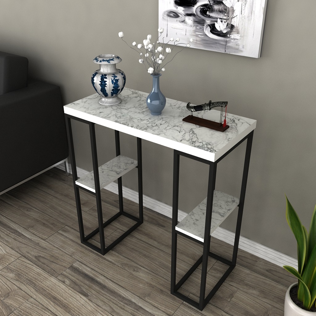 Dekoratif Dresuar Antre Hol Siyah Metal Ayak Beyaz Mermer