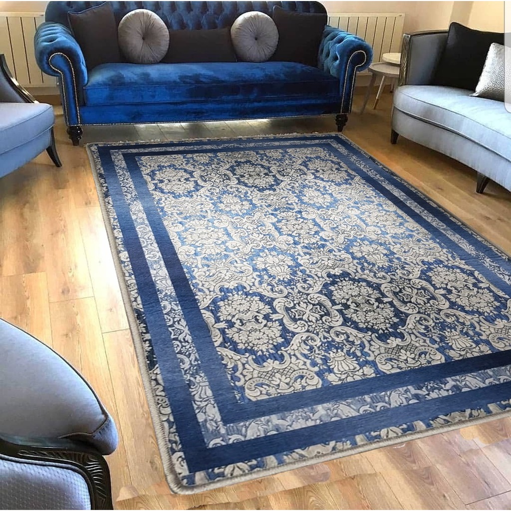 Elenist Lacivert Motifler Model Kaymaz Deri Taban Halı Kilim Fiyatları