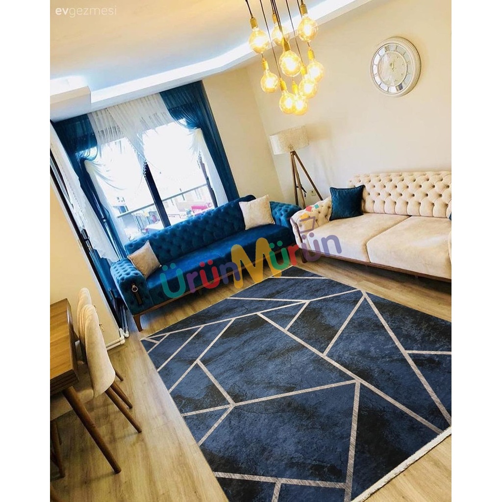 Elenist Lacivert Gri Geometrik Kaymaz Taban Halı Yolluk Kilim