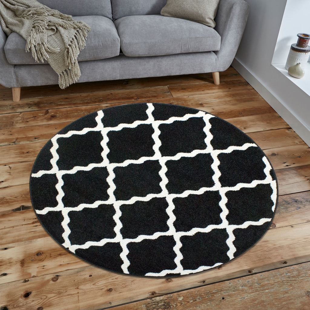 Saray Halı Luna 011 Dalga Desen 150x150 cm Siyah Beyaz Daire Halı