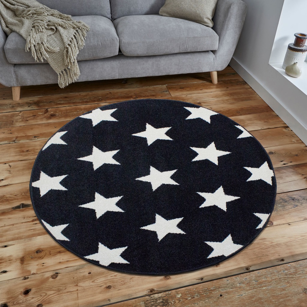 Saray Halı Luna 014 Yıldızlı Siyah Beyaz 150x150 cm Daire Halı