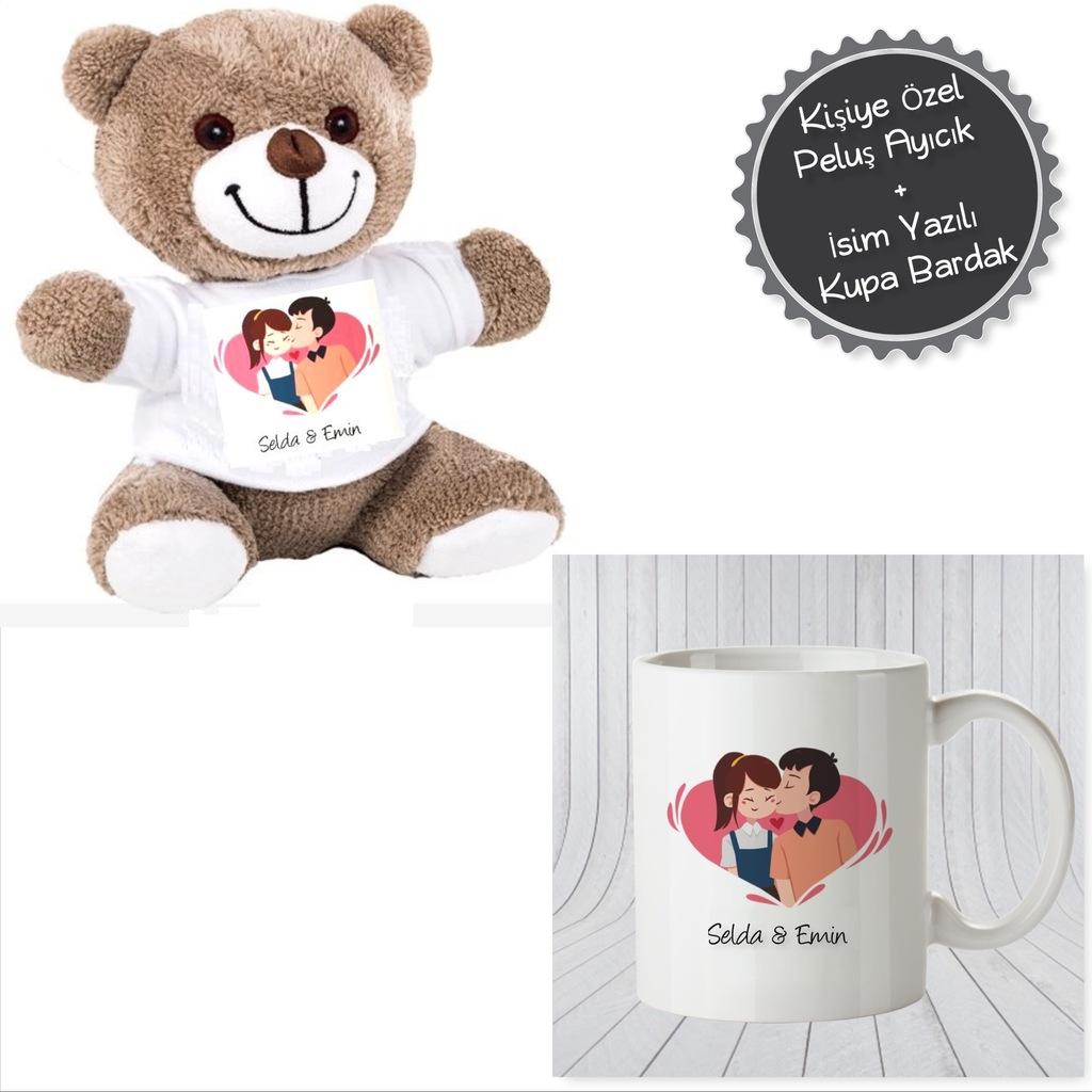 Kişiye Özel Aşk Temalı Peluş Ayı ve Kupa Bardak Seti
