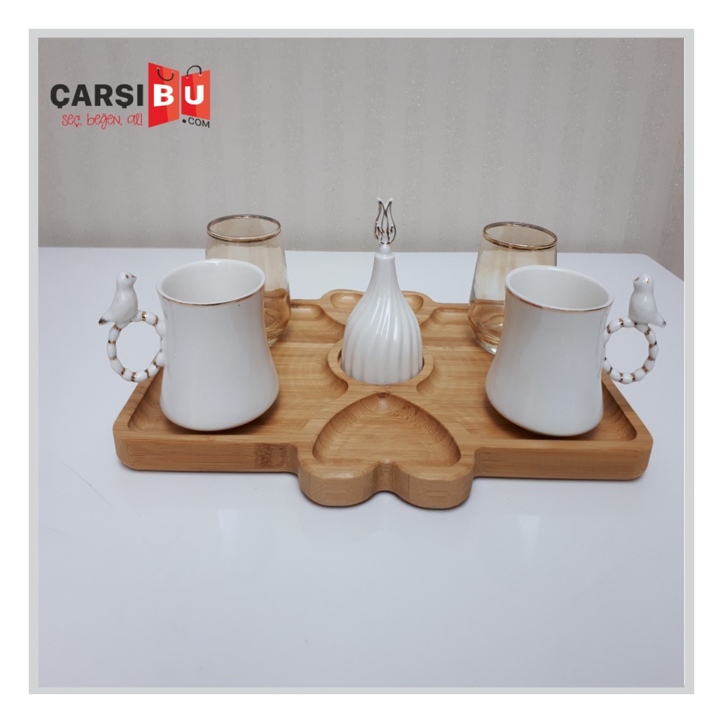 Porselen Kahve Fincan Takımı Seti Bambu Tepsili 2 Kişilik Set