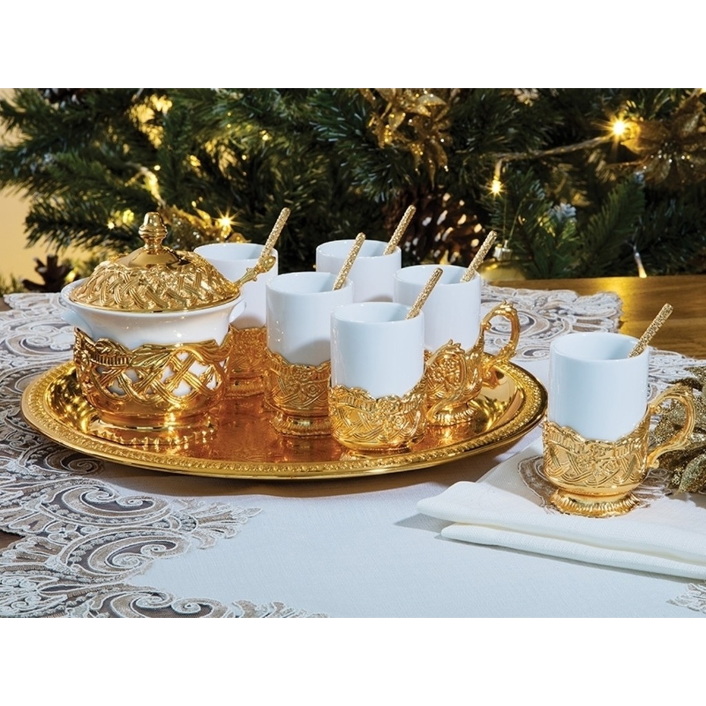 Biev Gold Shine Altın 6 lı Kahve fincan ve lokumluk takımı SVR116