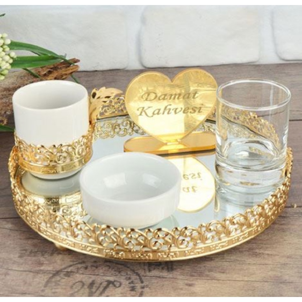 Cam Altın Kaplama Yuvarlak Damat Kahvesi Seti