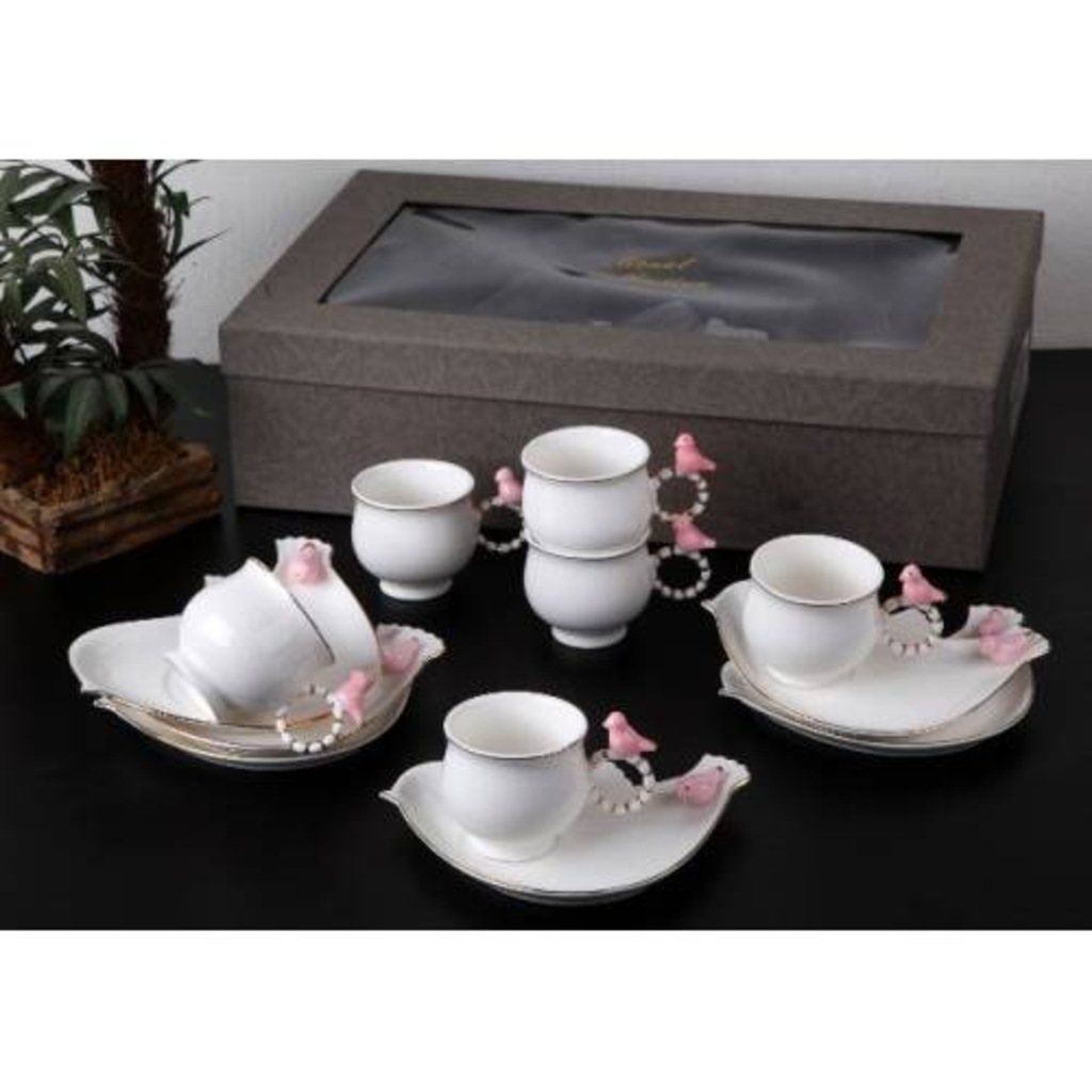 Gönül Collection G1829 6lı Kuş Motifli Kahve Fincan Seti Şık Tasa