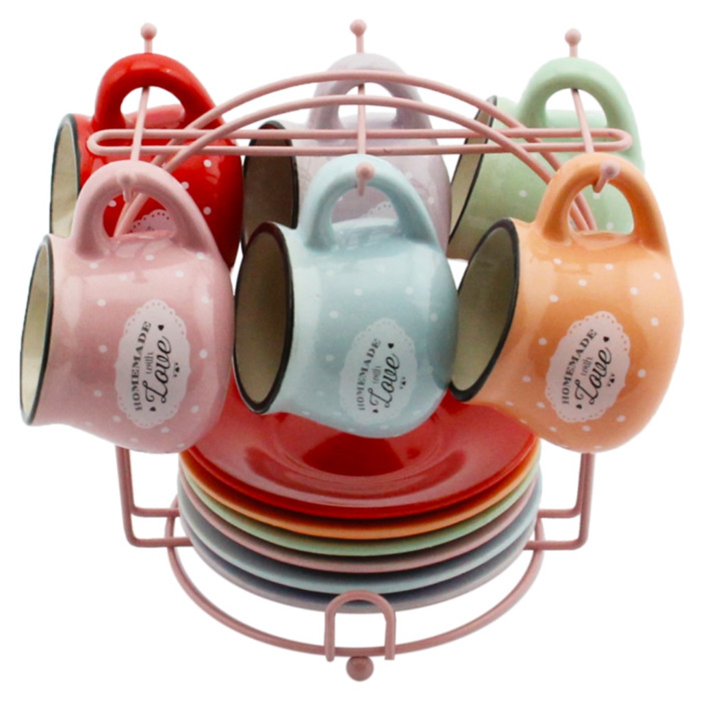 Ms Morry 6�lı Metal Standlı Renkli Kahve Fincan Takımı