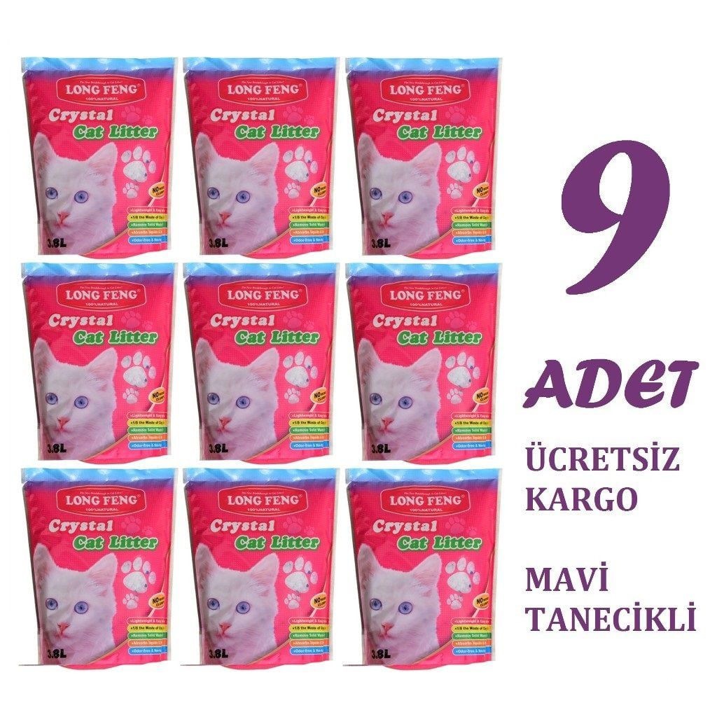 9 Adet 3.8 LT Long Feng Silica Kristal Kedi Kumu Mavi Tanecikli