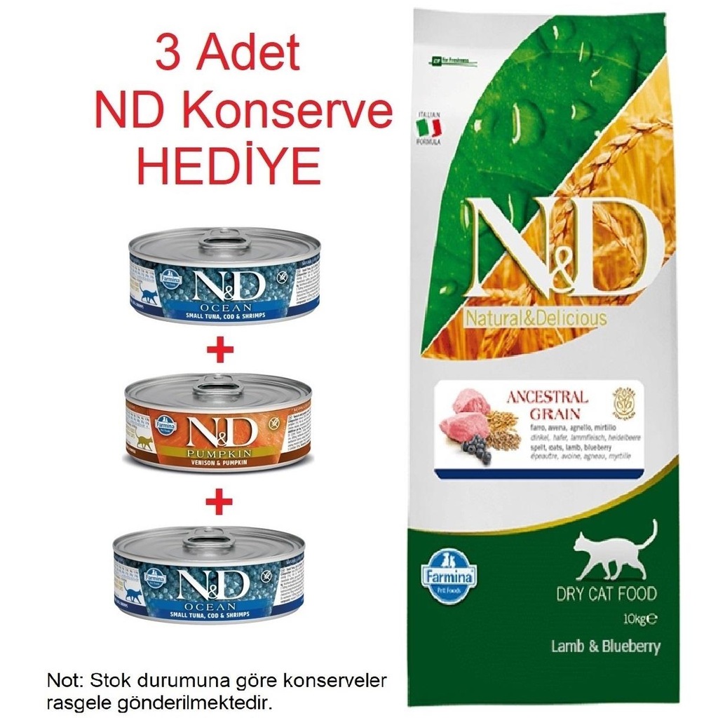 ND Düşük Tahıllı Kuzu Etli & Yaban Mersinli Kedi Maması 10 KG