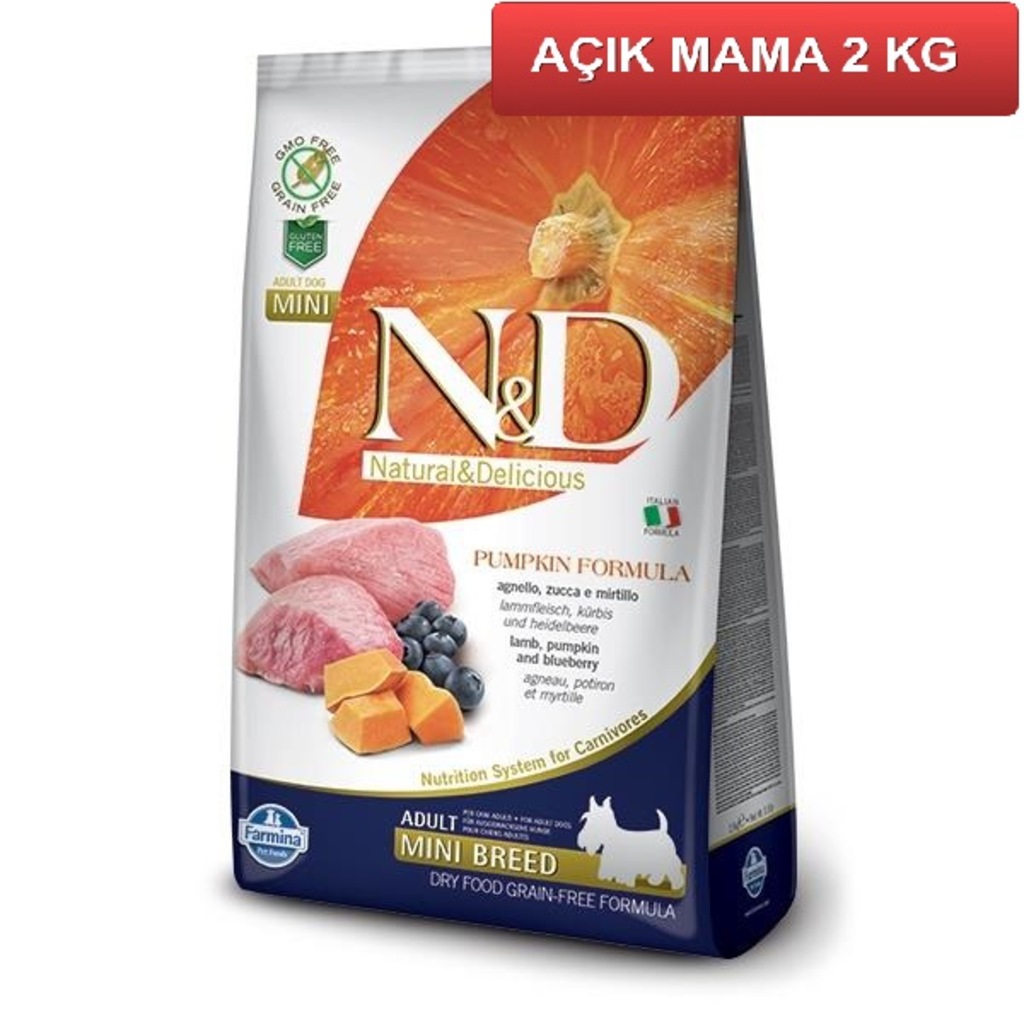 ND Tahılsız Balkabaklı Kuzu Etli Küçük Irk Köpek Maması 2 Kg AÇIK